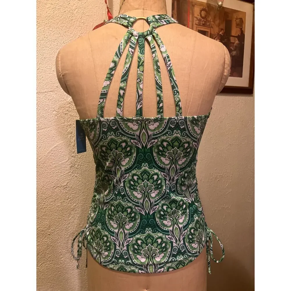 Green Paisley Ribbed V-neck Cutout Back Tankini Top NWT Size L (Runs Small)